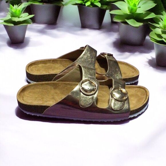 Avon Studio 1886 Double Buckle Comfort Gold Slides Sandals Women’s Size 10 - Picture 1 of 6